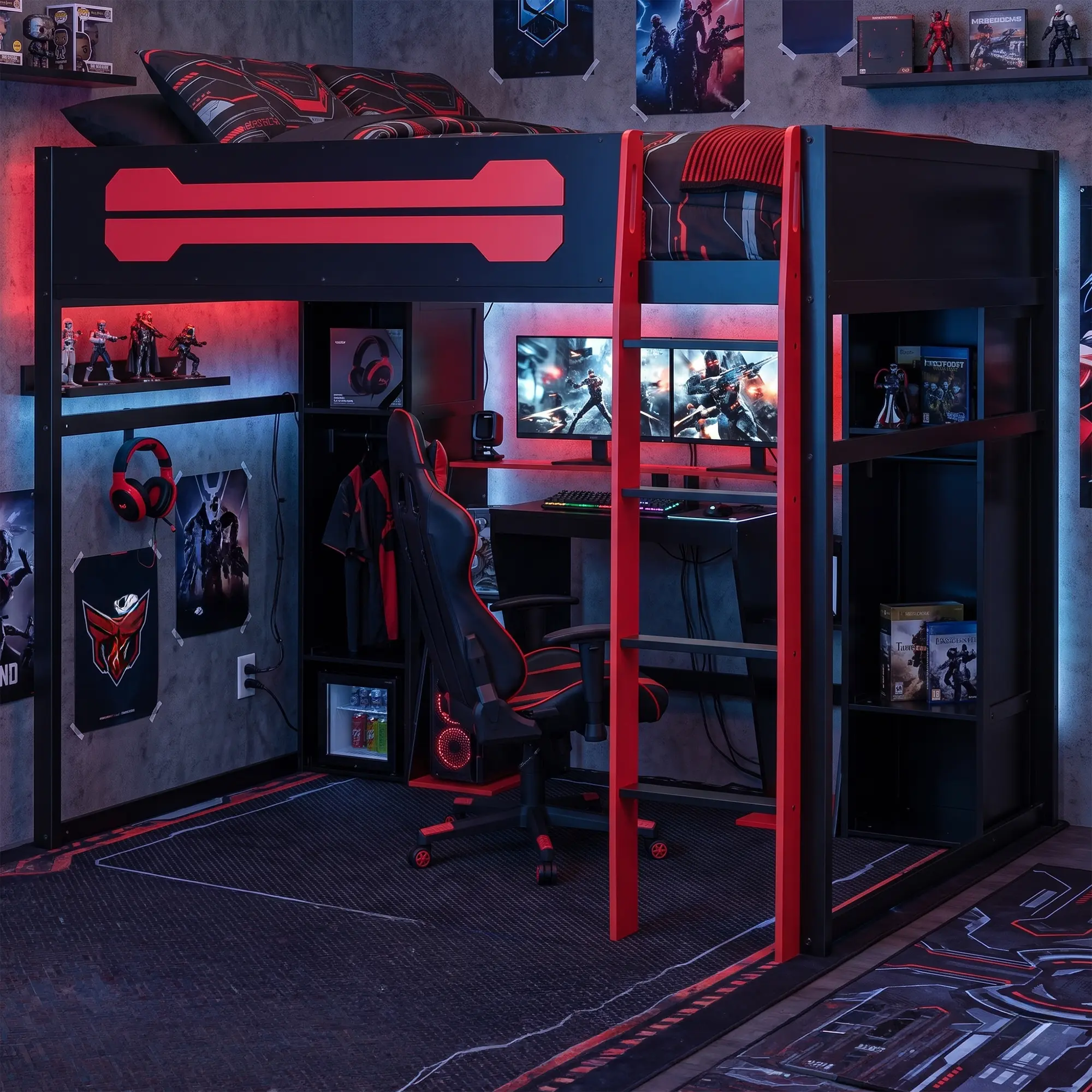 ARCH Full Size Solid Wood-MDF Gaming Loft Bed with Desk, Storage, RGB Lights, USB Charging Station, Built-in Wardrobe & Cabinets, Space Saver Bedroom Furniture, Black+Red