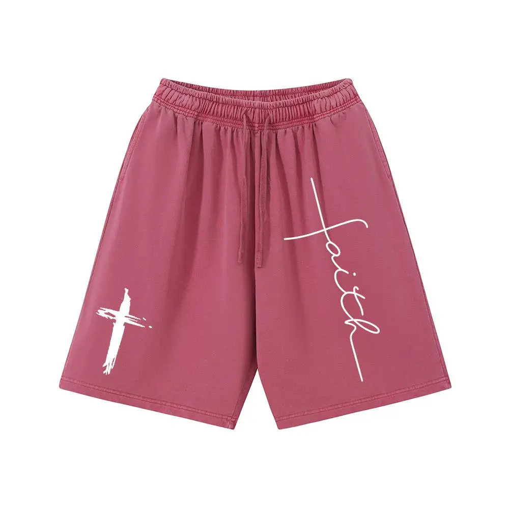 Unisex Faith Cross Graphic Sweat Shorts Vintage Streetwear Drawstring Loose Summer Casual Sports Shorts