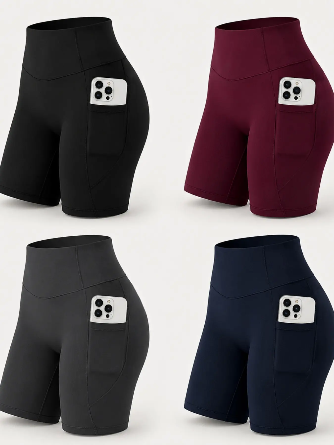4-Pack Women's Yoga Shorts, Athletic Sports Shorts, Comfortable Knit Fabric, Elastic Waist, Pockets, Tight Fit, Casual Streetwear, Gym, Cycling, Hiking, Running, Beach