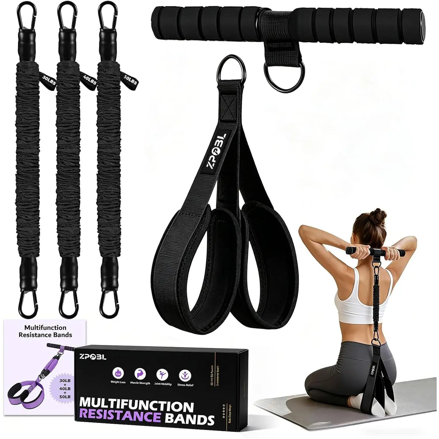 outdoors Multifunctional Portable Pedal Resistance Band with Handle for Women - 3 Adjustable Tubes for Core(30/40/50LB), Abs, Arm & Leg Workouts| Home Gym Equipment