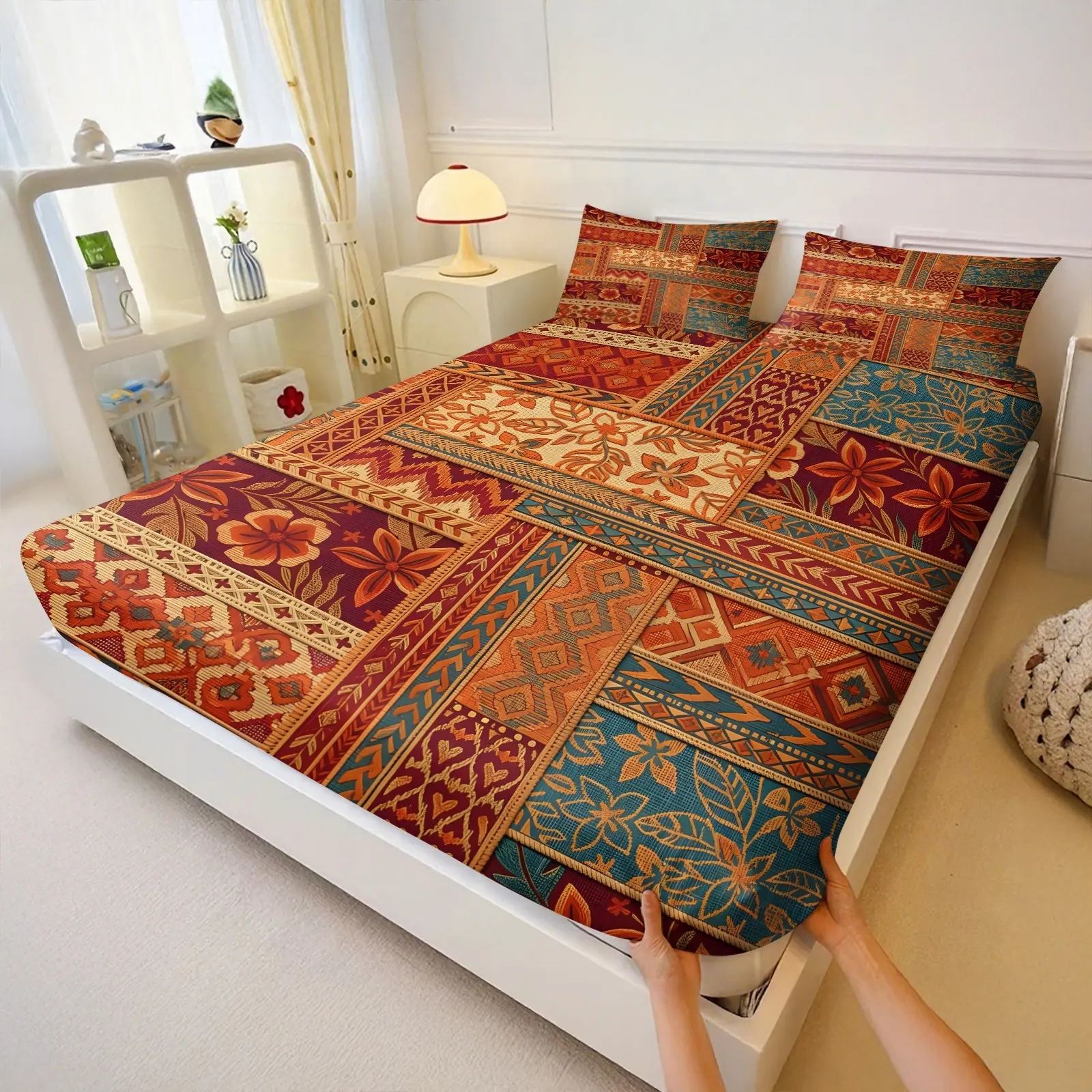 3PCS Polynesian Tribal Ethnic Patchwork Print Fitted Sheet Set, Deep Pocket, Wrinkle Resistant & Soft, for Bedroom & Dorm, Multi Colors, Ideal Back to School Gift, Comfy Bed Sets