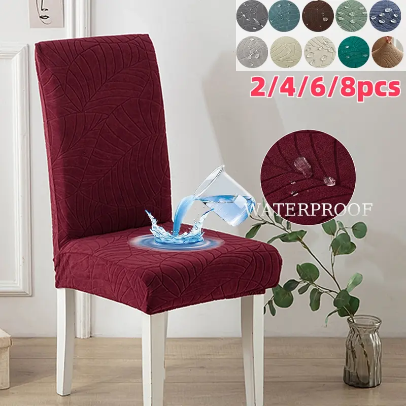 Waterproof Leaf Jacquard Dining Chair Seat Covers - Stretch Removable Washable Slipcovers for Kitchen, Set of 2/4/6/8
