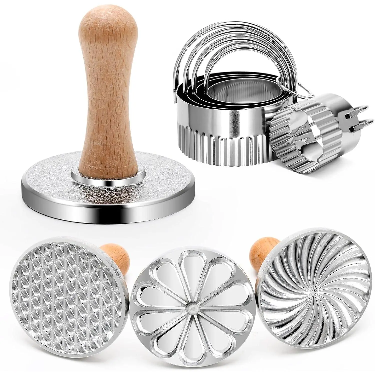 Cookie Stamp And Cutter Set 3 Molds 5 Sizes Biscuit Cutting Tool | 3 Cookie Stamps And 5 Size Cutters, Zinc Alloy And Stainless Steel, Durable Baking Tool Set For DIY Cookies And Desserts