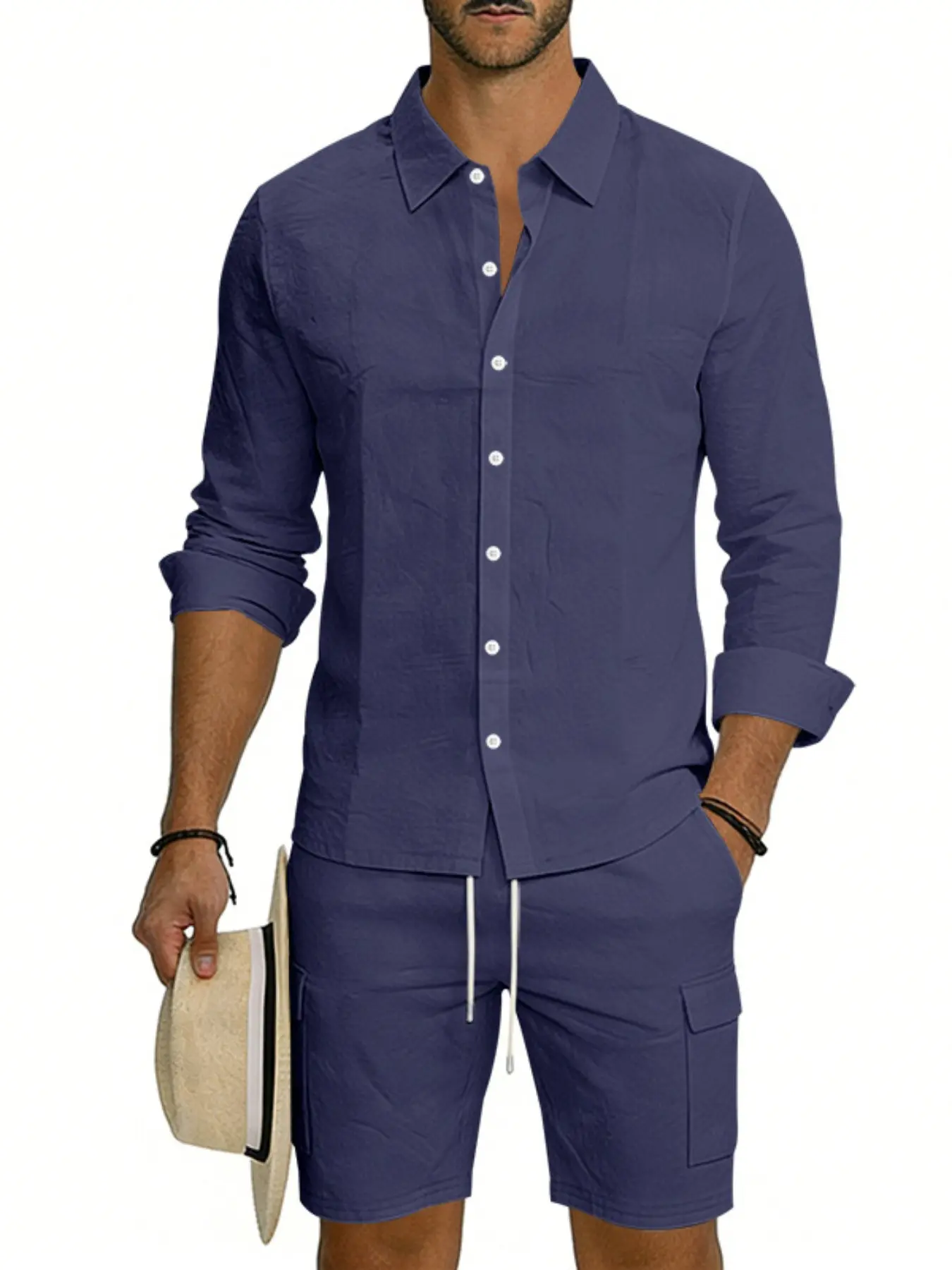 Men's Summer Casual Sporty Linen Outdoor Loose-Fit Breathable Workwear Sports Henley Short-Sleeved Top and Shorts Matching Set