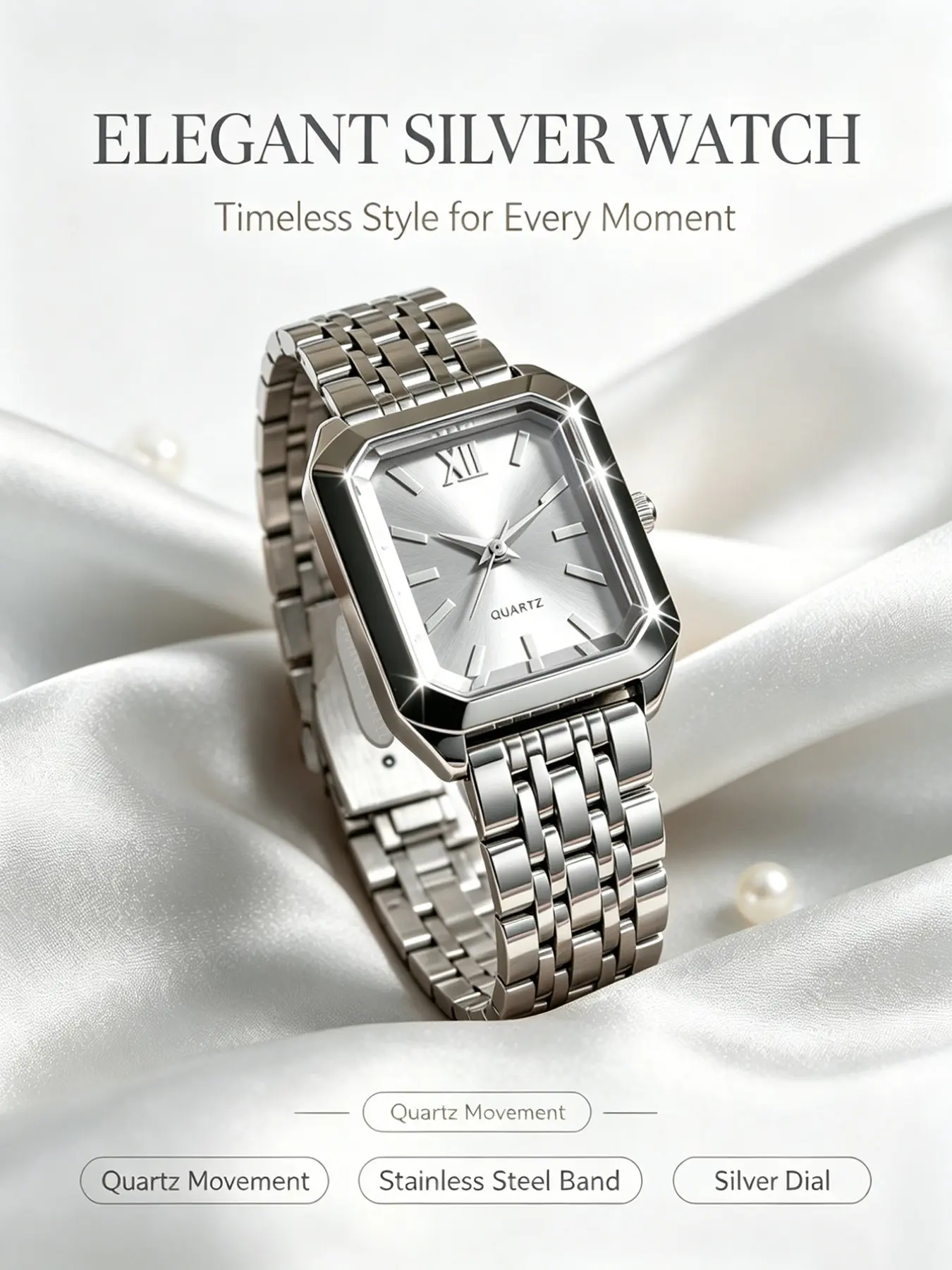 Elegant Square Quartz Watch, Silver Color Dial, Stainless Steel Strap, Perfect Gift for Loved Ones, Durable and Precise Design
