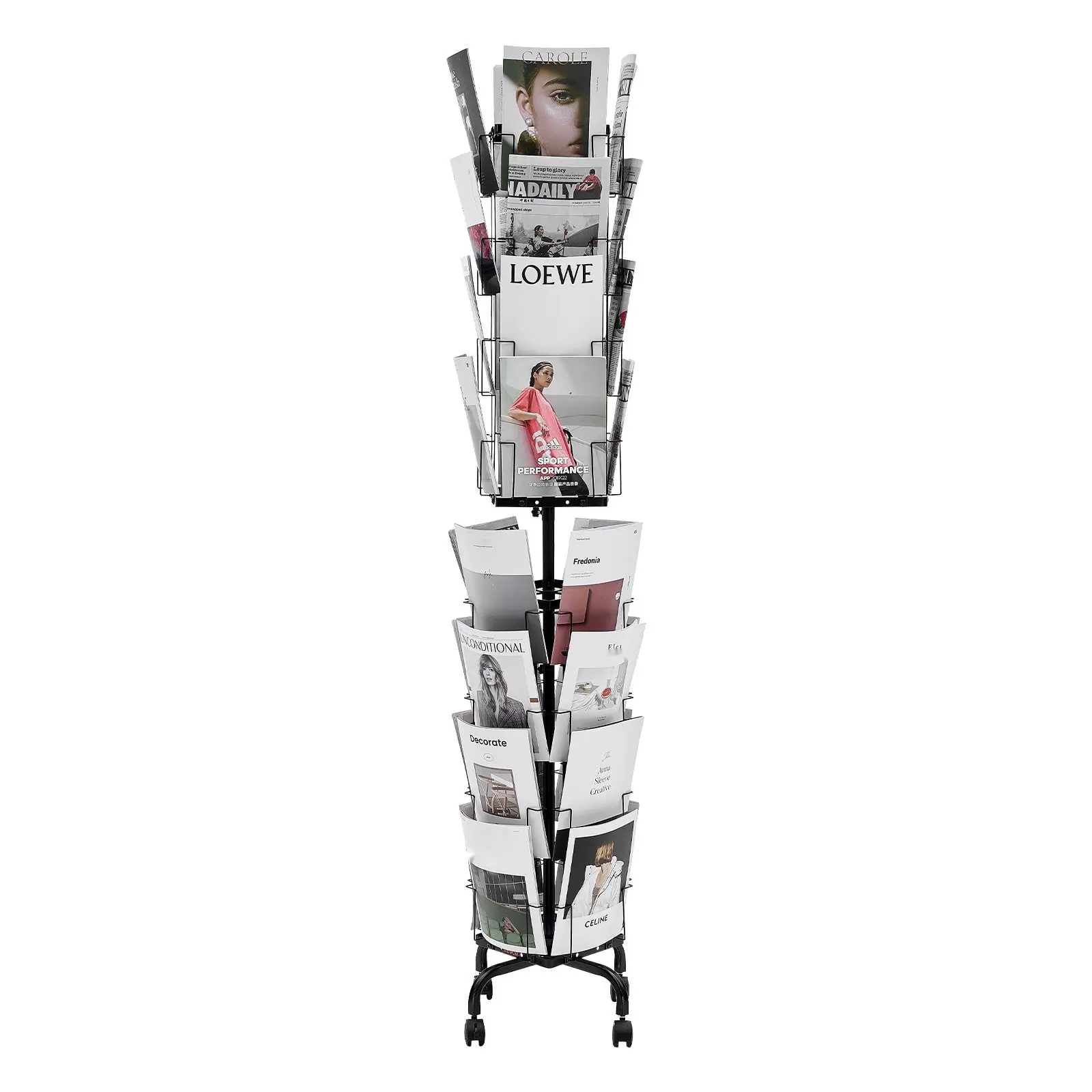 Greeting Card Display Rack With 32 Pockets, Rotating Postcard And Brochure Stand, 360 Degree Spinning Card Display, Sign Holder, Four-Wheel Mobile Stand (Two Lockable) For Exhibitions, Office, Trade Show Displays