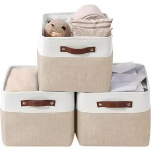 Storage Bins, Large Fabric Storage Baskets for Shelves, Decorative Linen Closet Organizer, 15 x 11 x 9.5 inches (Beige & White, 3 Pack)
