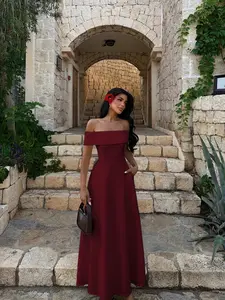 Elegant Off-Shoulder Dress with Waist Design, Simple and Classic Party Wear, Women's Stylish Evening Dress for Special Occasions