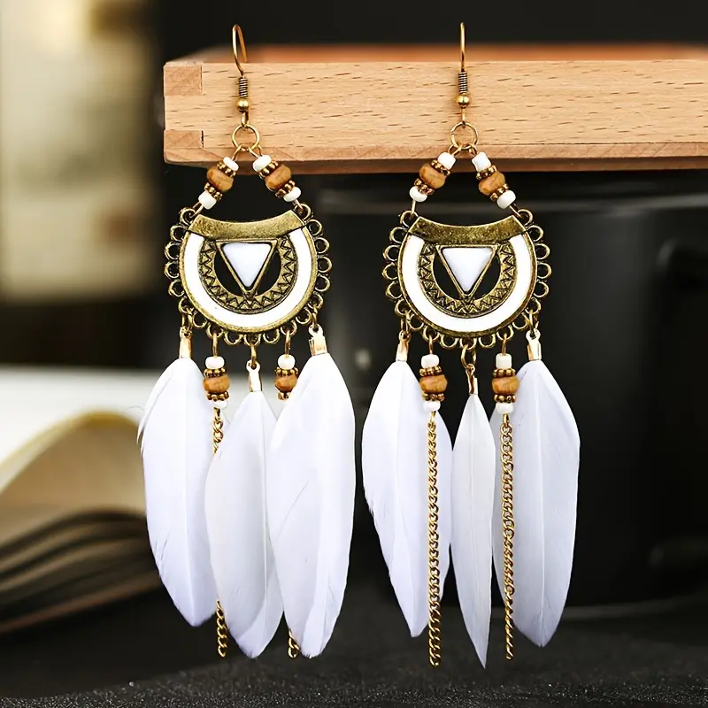 Semi-circle feather earrings, popular long-style rice bead earrings with turquoise inlay, ethnic style jewelry