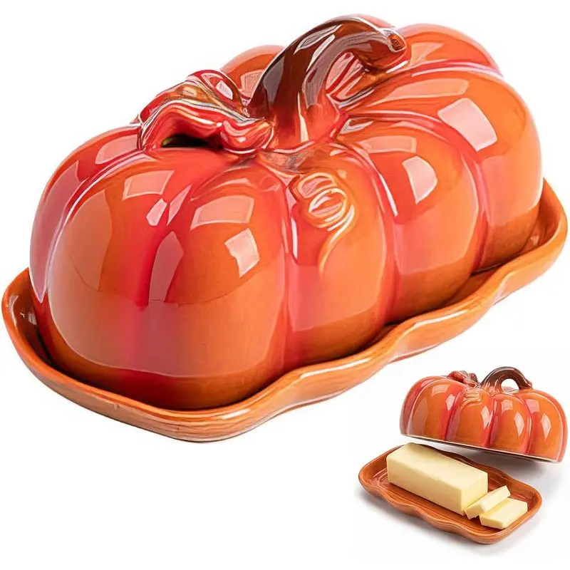 Ceramic Pumpkin Shaped Butter Dish Set with Lid, Non Slip Multipurpose Snack Plate and Kitchen Countertop Tray for Halloween and Thanksgiving, Desserts and Holiday Gifts