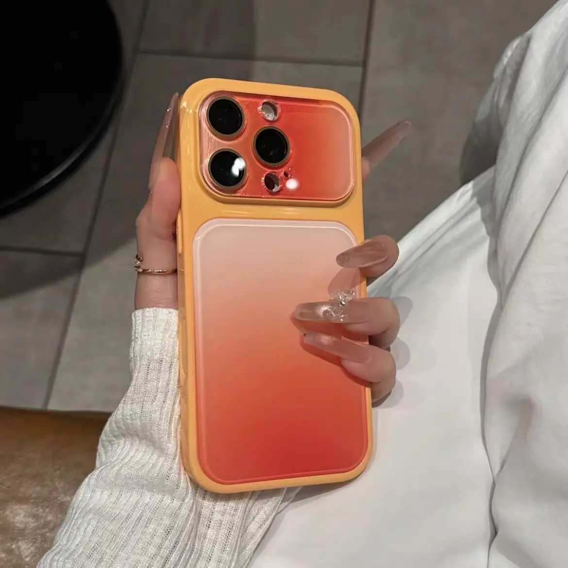 Gradient Block iPhone Case with Tempered Glass Back Panel, Full Cover Camera Shield & Full Protection, Glossy Stylish Multi-Model Case for iPhone Series 17 Pro Max, 16, 15, 14, 13 - Mobile Phone Accessory