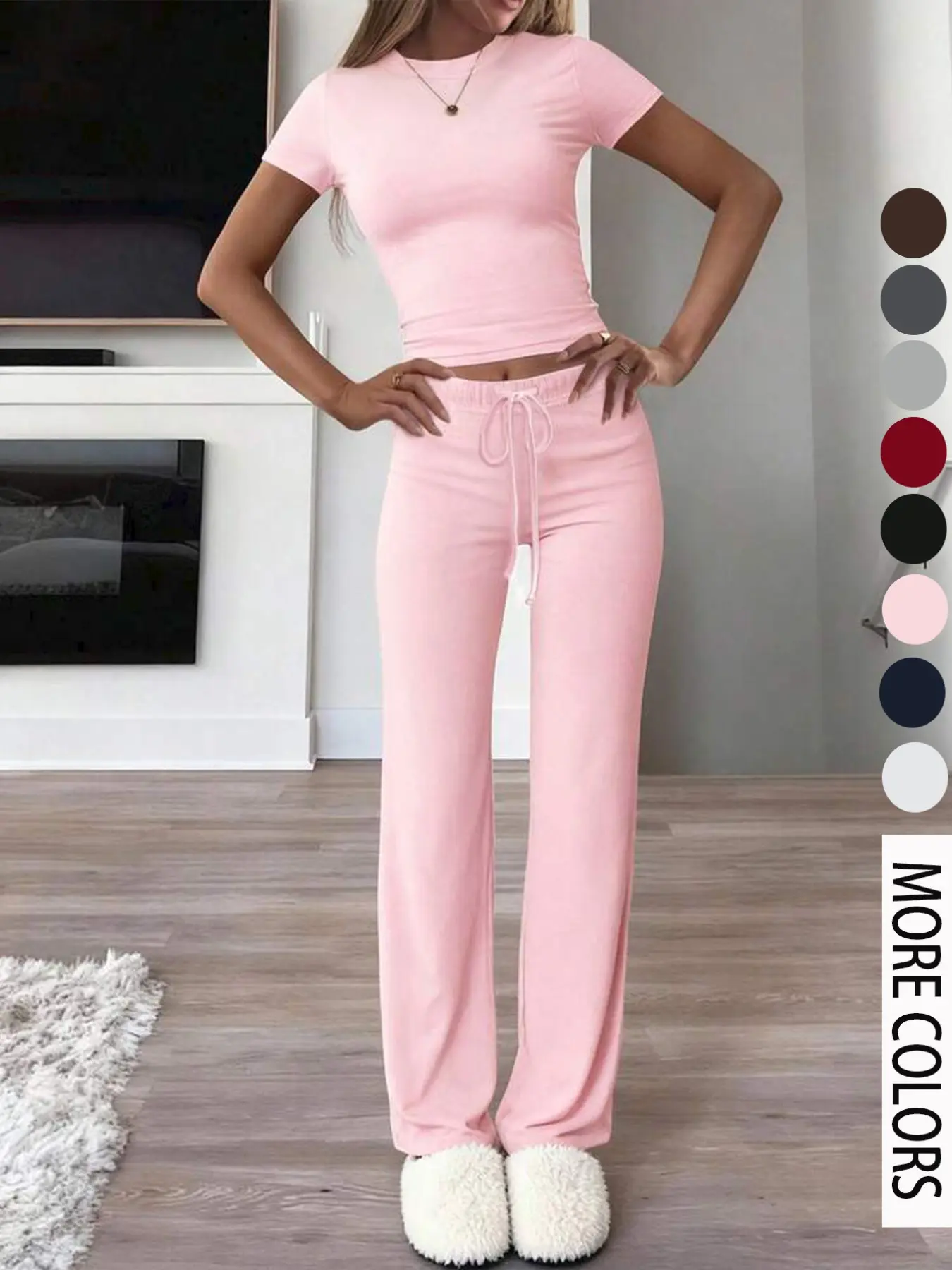 Women's Two-Piece Set Autumn Y2K Sporty Casual Daily Solid Short Sleeve Round Neck T-Shirt and Slim Straight Leg Long Pants Set