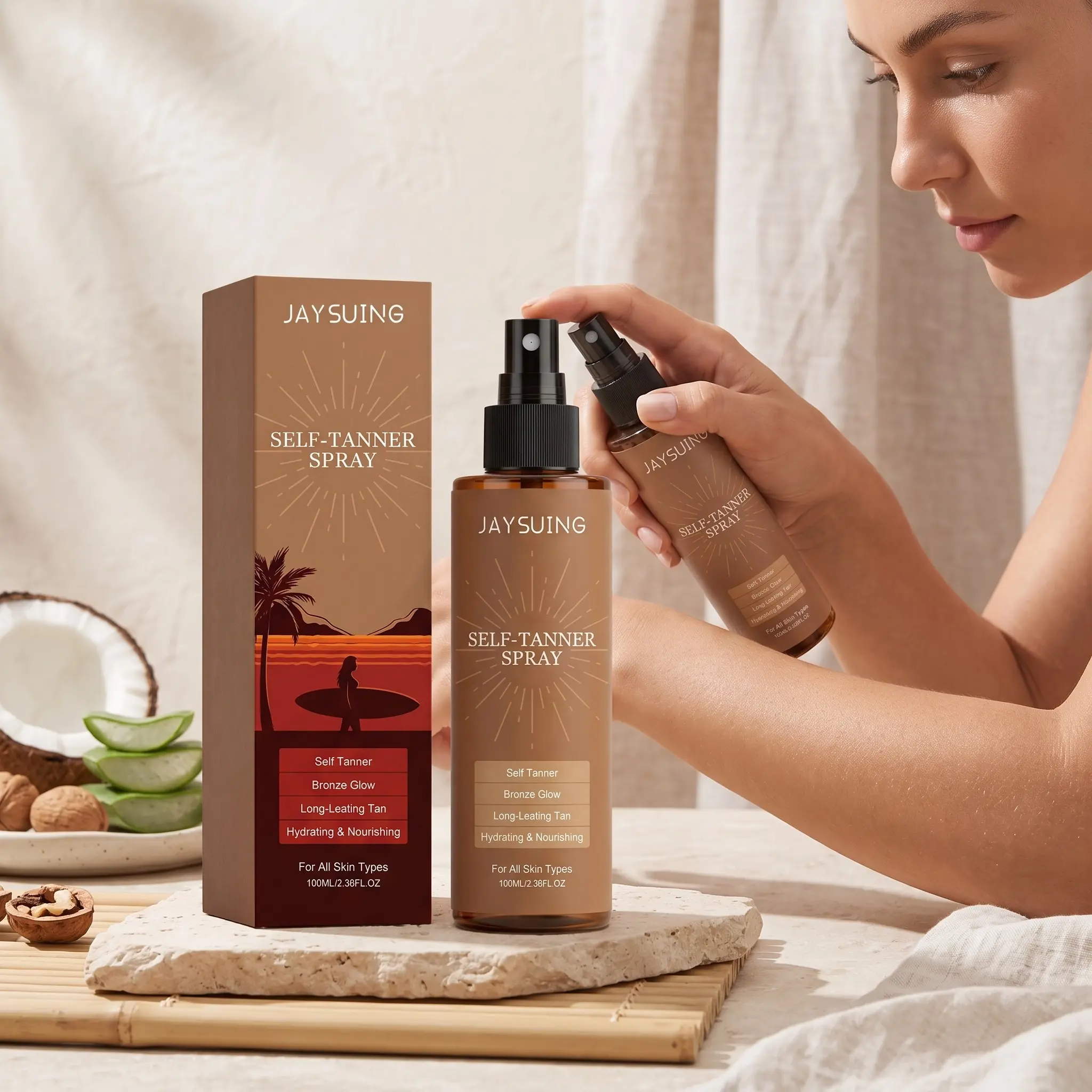 2-Pack Hydrating Moisturizing Self Tanner Bronzing Spray, Lightweight Formula for Natural Tan, Easy-To-Use Outdoor Summer Skin Care, Perfect for Achieving Sun-Kissed Look