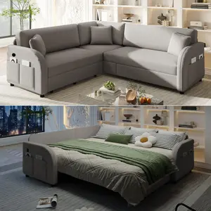 Aobtkel®85.1" L-Shaped Sofa Couch with Pull-Out Bed,Oversize Convertible Sleeper Sofa with side Pocket & USB Port,Teddy Upholstered Sectional Couches, for Living Room, Apartment, Office,Light Grey    RR