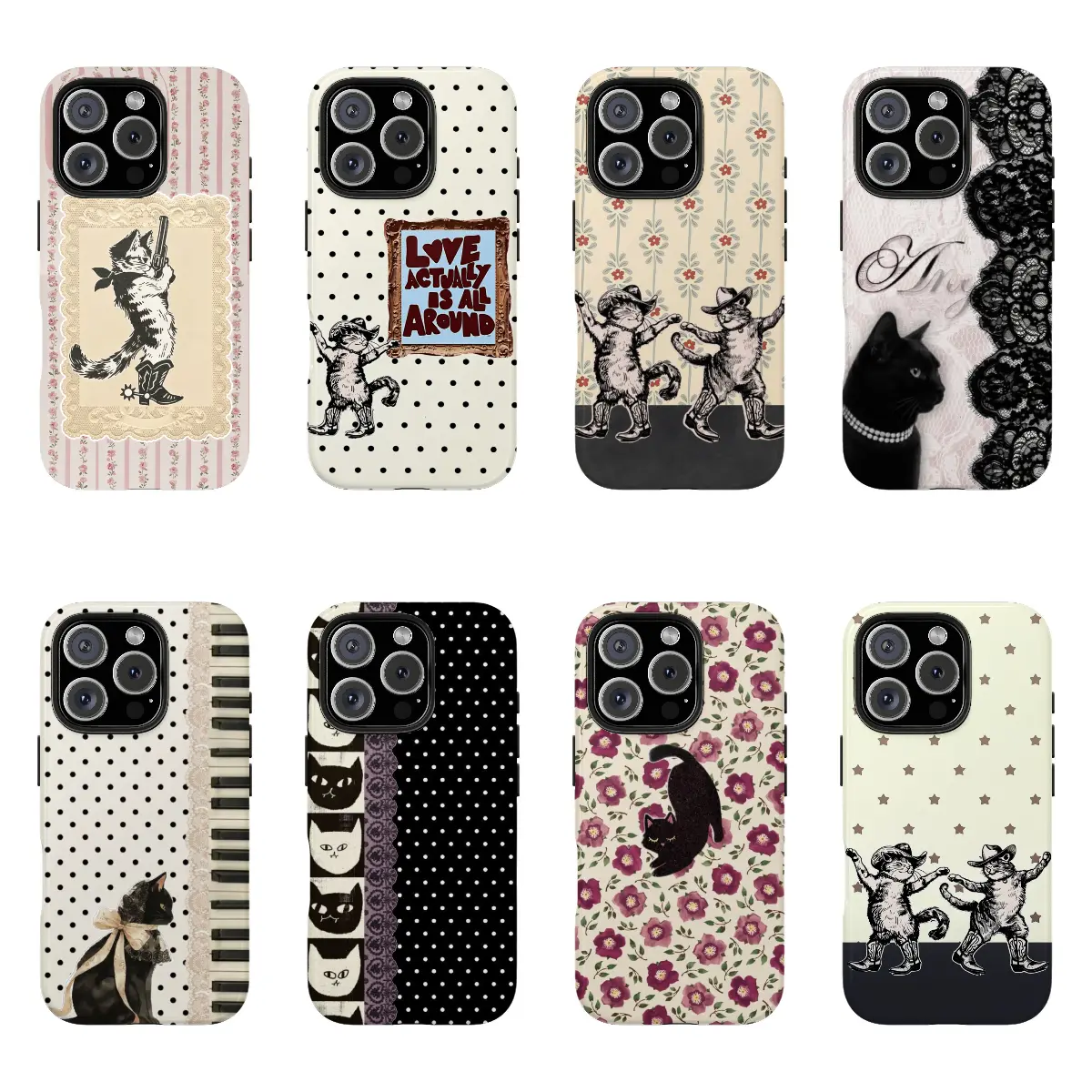 Vintage Black Cat Martini Phone Case – Quirky Indie Aesthetic Polka Dot, Retro Art Collage with Wine Glass, Olive & Gallery Frame, Coquette Y2K Soft Girl Indie Kid Style Cover for iPhone 17 16 15 14 13 Pro Max, Trendy Aesthetic Gift for Girl, Women & Her