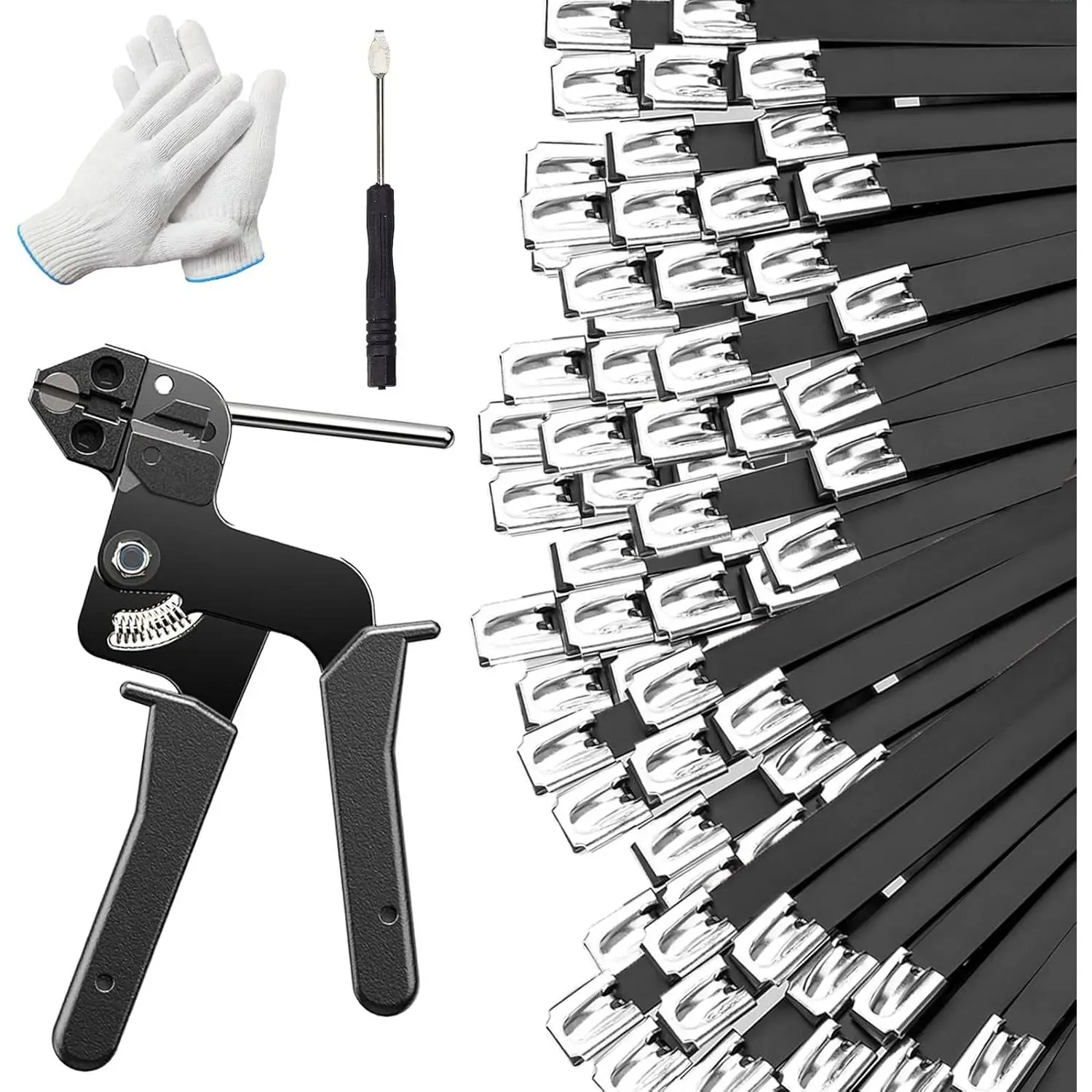 300 count 11.8 Inch Black Galvanized Steel  Ties Kit with  Tie ,  and Protective Gloves, Heavy Duty 304 Metal Zip Ties Complete Tool Set for Industrial, Automotive, Fence Use