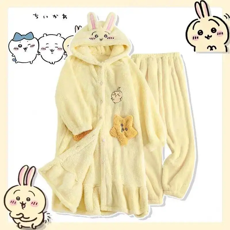 Japanese Chiikawa Coral Velvet Pajamas Hachiware Usagi Kawaii Long Warm Plus Velvet Thickened Hooded Pajamas Women's Homewear