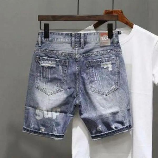 Men's Ripped Denim Shorts for Summer - Personality print versatile cropped pants in cotton fabric, casual street style ee blue Korean Loose Original Streetwear Design