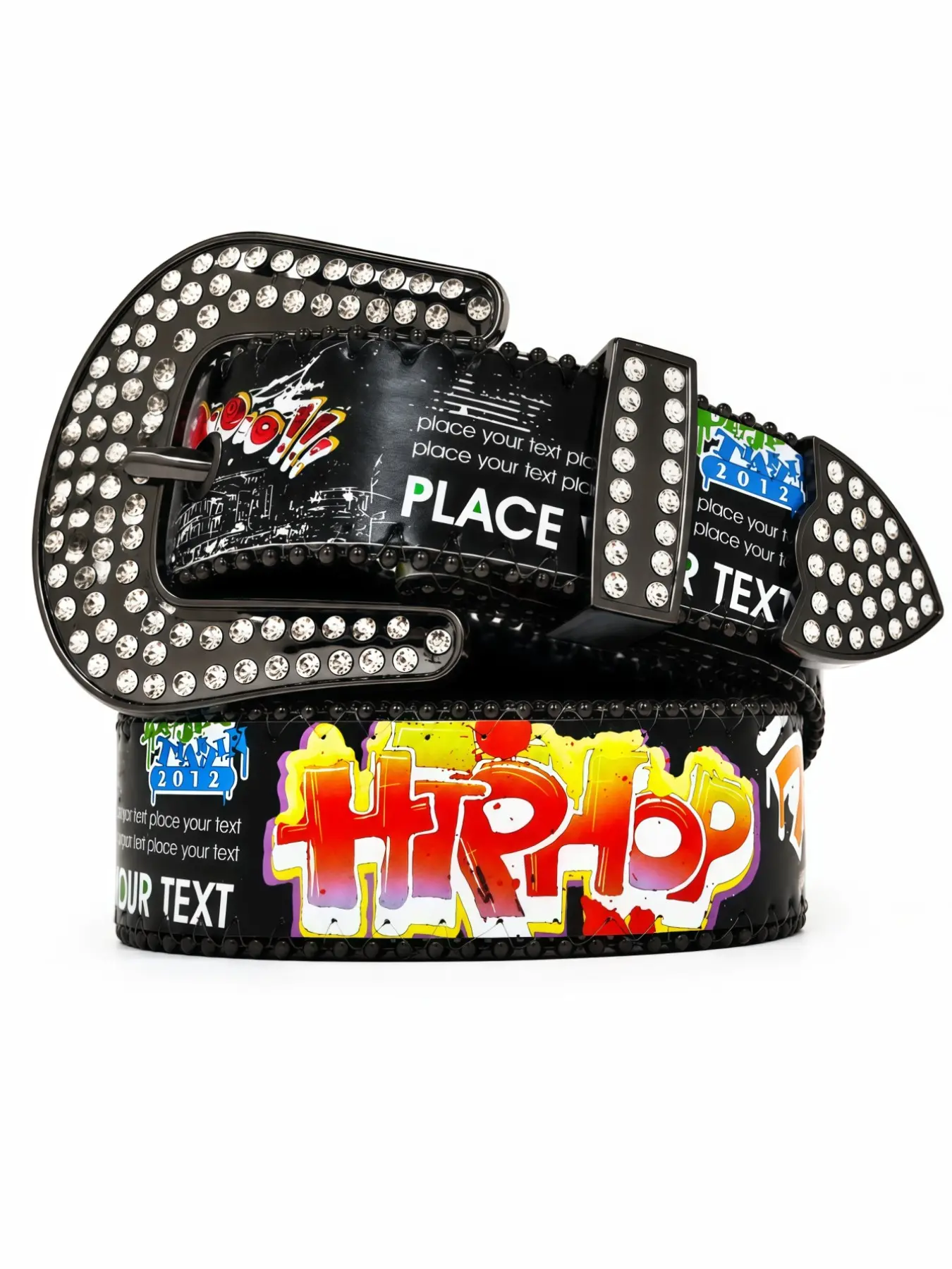 Hip Hop Graffiti Rhinestone Studded Belt Black Streetwear Fashion Design Belt Grommet Eyelet Decorative Belt Colorful Print HipHop Waist Belt Unisex Trendy Accessory