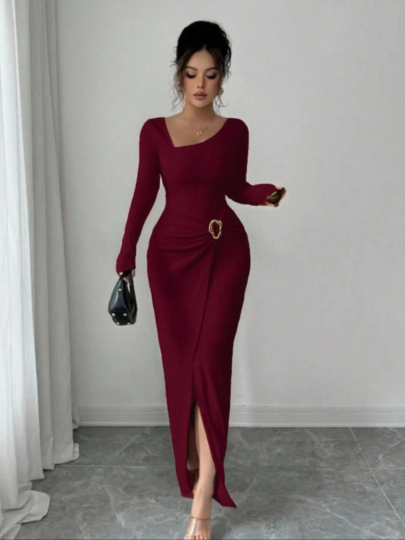 Women's Solid Color Fashion Twisted Long Dress, Asymmetrical Neck Knit Texture Bodycon Long Sleeve Dress, Split Design, Elegant Fall Winter Clothing