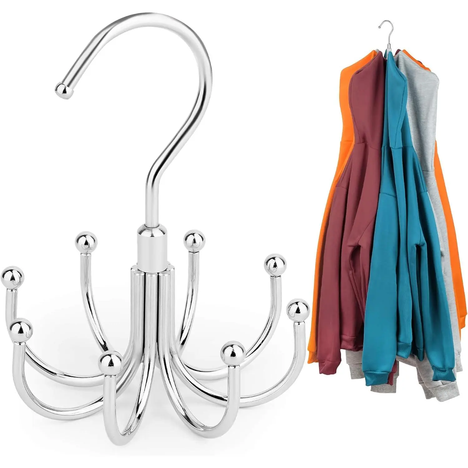 Hoodie Hangers, 2 Pack Rotatable Hoodie Organzier for Closet, Max 16 Storage Capacity Hoodies Holder, Metal Space Saving Closet Organizers and Storage, Silver