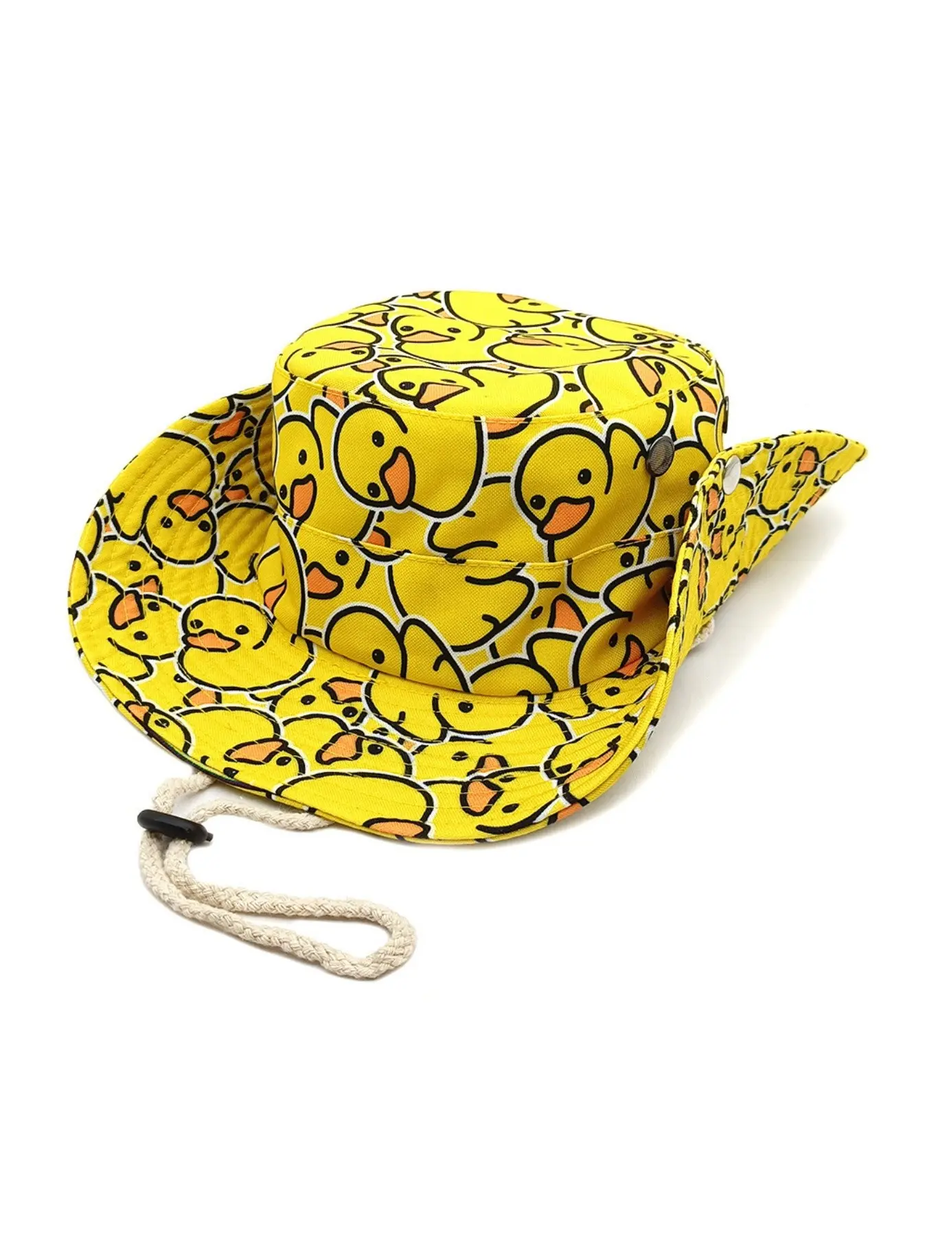 Quirky Rubber Duck Wide Brim Bucket Hat, Funny Playful Cartoon All-Over Print, Adult Sun Hat with Chin Strap & Snaps, Festive Summer Rave Beach Cap