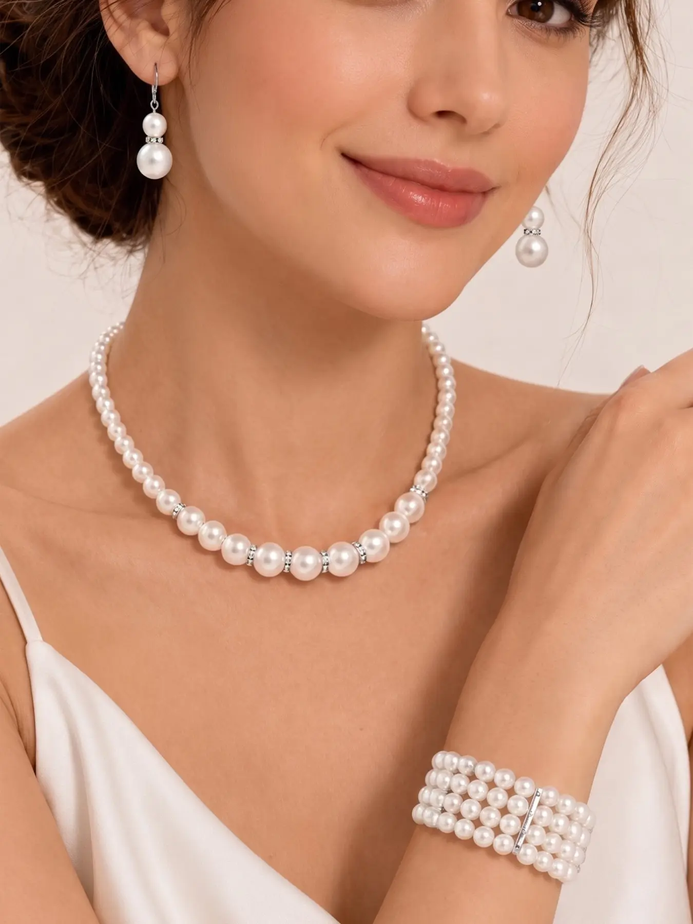 3Pcs White Pearl Jewelry Set for Women, Single Strand Faux Pearl Rhinestone Necklace 3-Row Stretch Bracelet Double Pearl Drop Earrings Pack, Bridal Wedding Prom Old Money Accessories