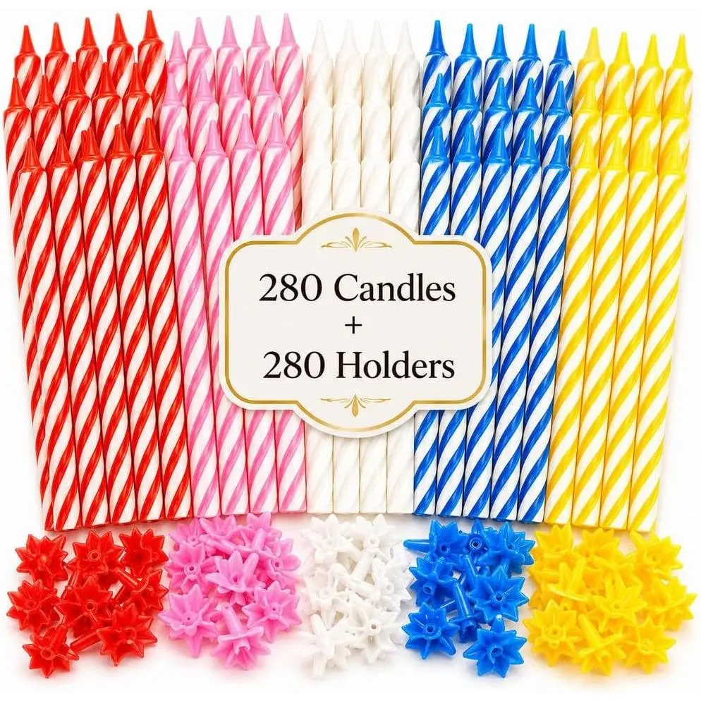280-Count Birthday Candles Bulk Pack with Holders – Spiral Cake & Cupcake Candles – Multicolor Slim Candles – Colorful Cake Decorations