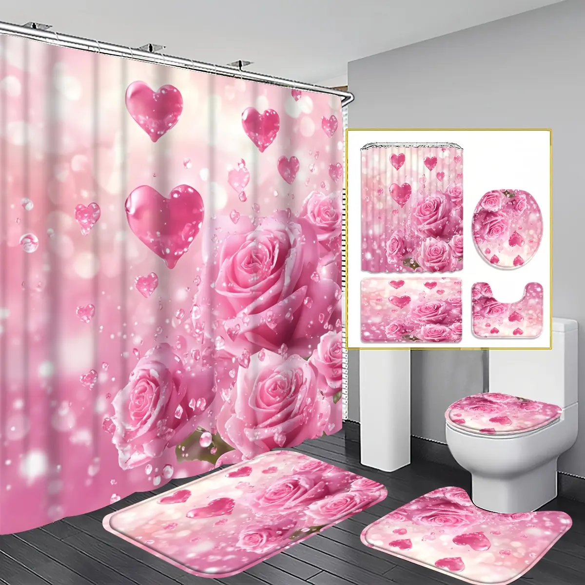 Pink rose love shower curtain set (4-piece set), sweet pink rose bathroom decoration, U-shaped addition, toilet cover, romantic gift, home decoration, bathroom addition.