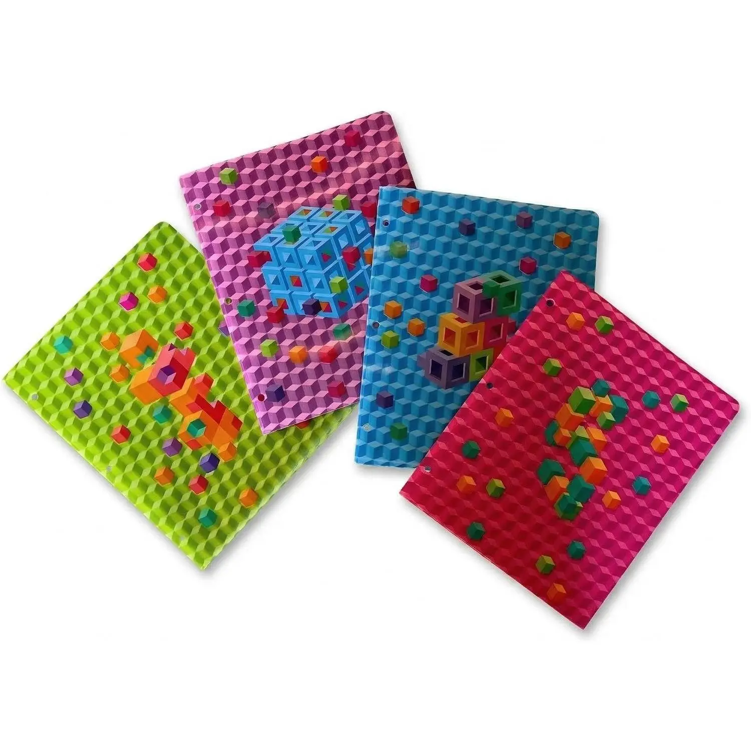 Pretty Folders - Set of 4 Cute Plastic Folders with Pockets Girl Folder with Pockets and Holes Decorative School Supplies with Flicker Lenticular Geometric Designs Matching