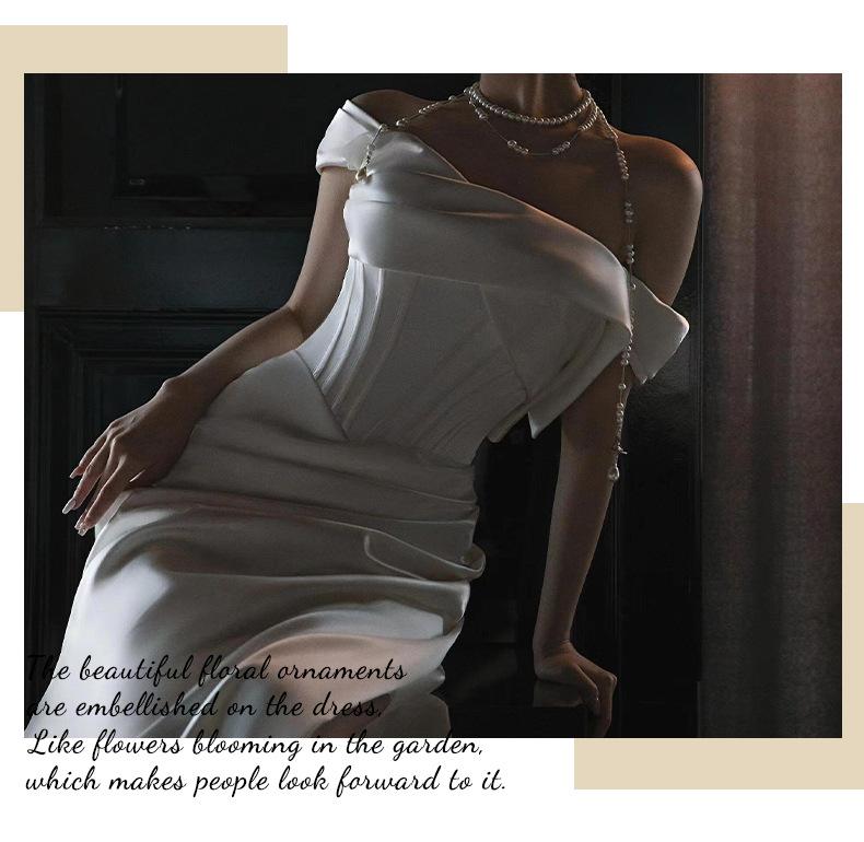 French Off-Shoulder Light Wedding Dress – Bridal Toast Gown, White Engagement Departure Dress, Elegant Banquet Evening Gown