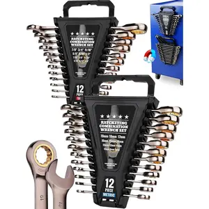 Premium 24-Piece Ratchet Wrenches Set with Magnetic Organizer, SAE 1/4"-7/8" & Metric 8mm-19mm, Cr-V Steel Ratcheting Wrench Set, Ratchet Combination Wrench Set for Automotive, Machine Repair