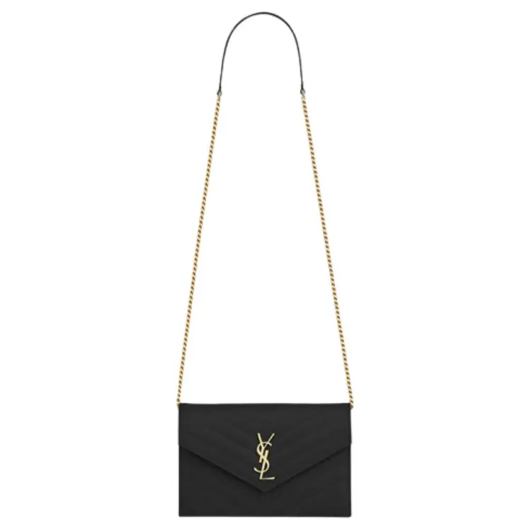 Saint Laurent YSL Envelope Chain Bag for Women – Quilted Grain-Embossed Leather, Gold Logo, Black