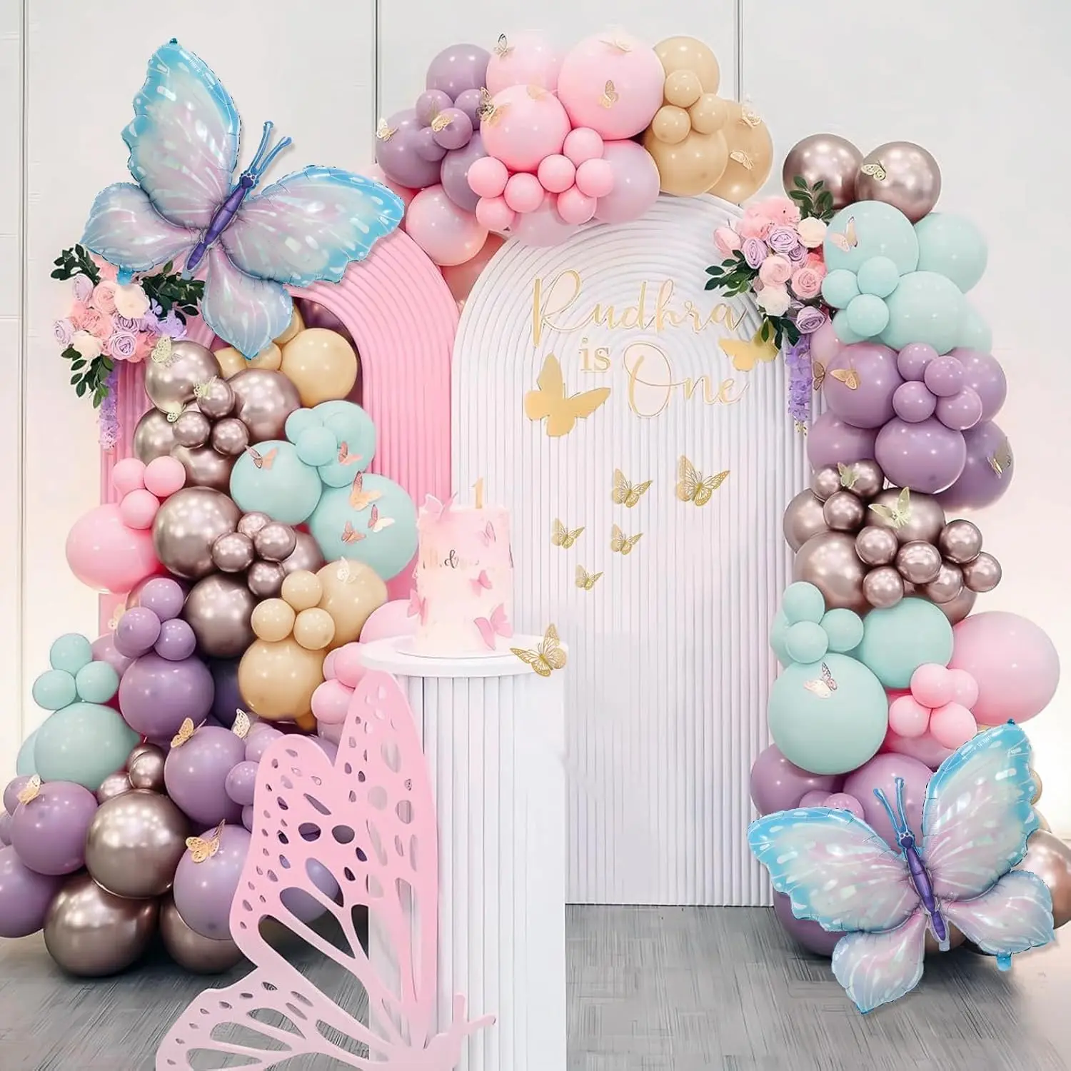 142pcs Pastel Pink-Purple-Blue Balloon Arch Kit with Large Butterfly Foil Balloon, Stickers, Elastic Bands & Letter Print - for Girl's Baby Shower, Engagement Party Decor