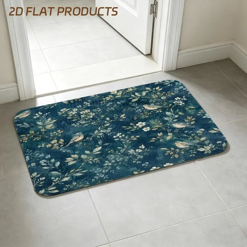 Vintage Shabby-chic Floral & Small Bird Seamless Pattern Entry Doormat, Deep Teal Background with Hand-painted White Blooms & Green Foliage, Multiple Specifications Available, Decorative Floor Mat for Entryway & Porch Daily Use