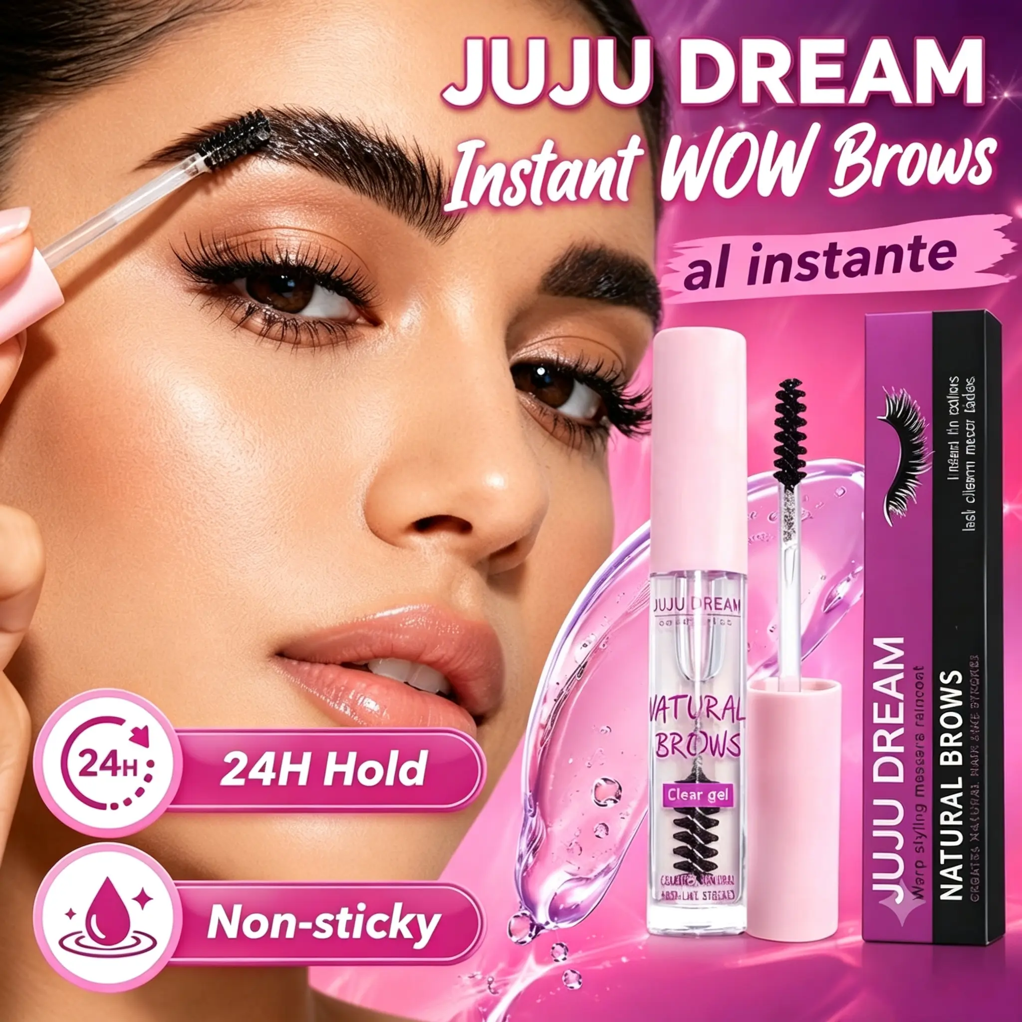 JUJU DREAM 2-in-1 Clear Eyebrow & Eyelash Styling Gel. Grooms fluffy laminated soap brows and lifts sparse lashes to thicker, longer, dense shiny effect. Waterproof smudge-resistant all-day wear, perfect for natural fluffy brow styling daily makeup.