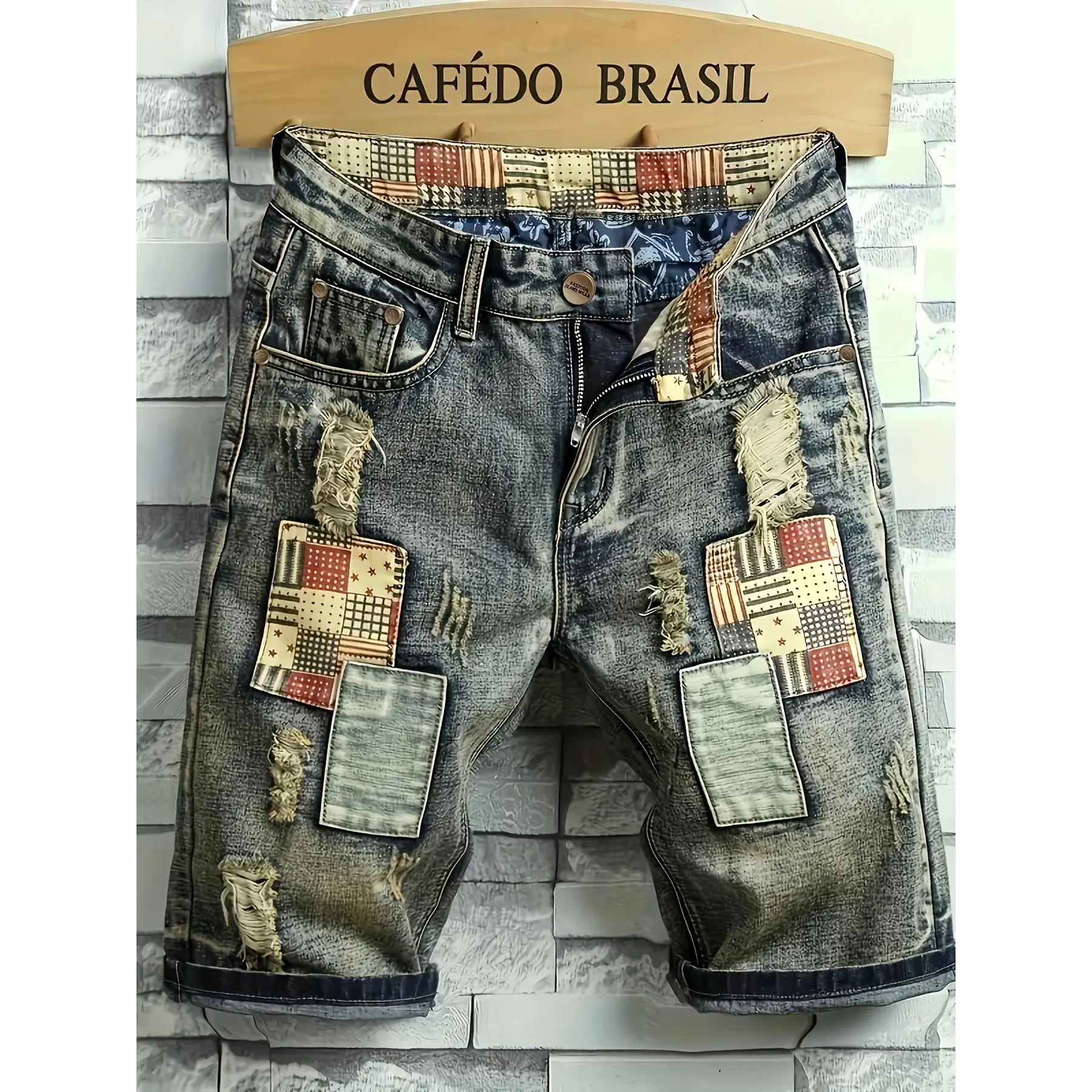 Men's Patchwork Denim Shorts, Casual Ripped Shorts, Casual Street Fashion Shorts for Summer, Men's Bottoms for Daily Wear Tight-fitting style, please take a larger size if you need a loose fit
