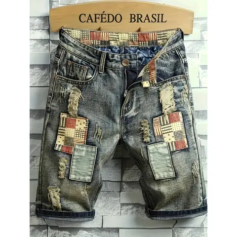 Men's Colorblock Patchwork Ripped Knee-Length Cotton Jeans Shorts - Vintage Washed, Worn-In Distress, Tight-Fitting Casual Summer Street Fashion Bottoms for Daily Wear (Size Up for Loose Fit)