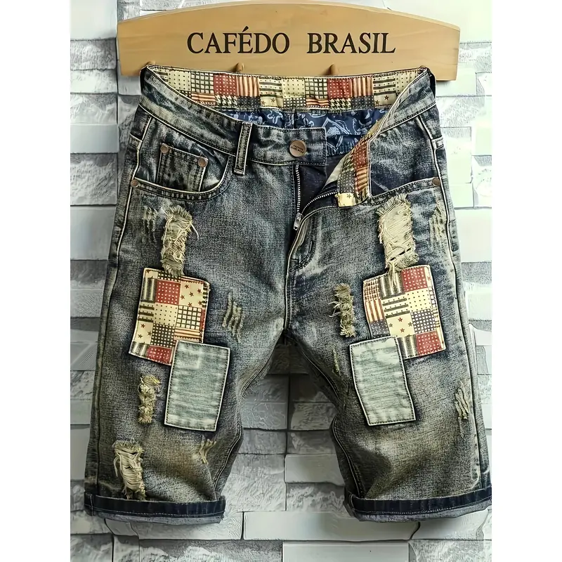 Men's Colorblock Patchwork Ripped Knee-Length Cotton Jeans Shorts - Vintage Washed, Worn-In Distress, Tight-Fitting Casual Summer Street Fashion Bottoms for Daily Wear (Size Up for Loose Fit)