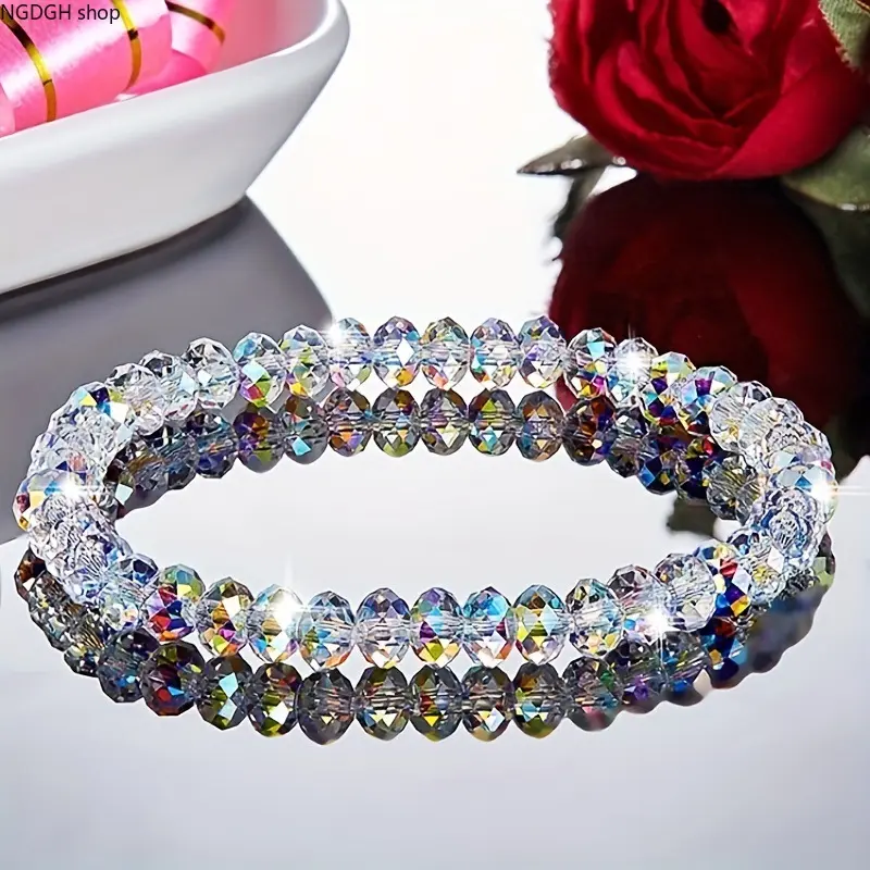 Iridescent Crystal Bead Bracelet for Adults, Sporty Chic Multi-Color Statement Jewelry, Stretch Band for Daily Wear & Summer Vacation