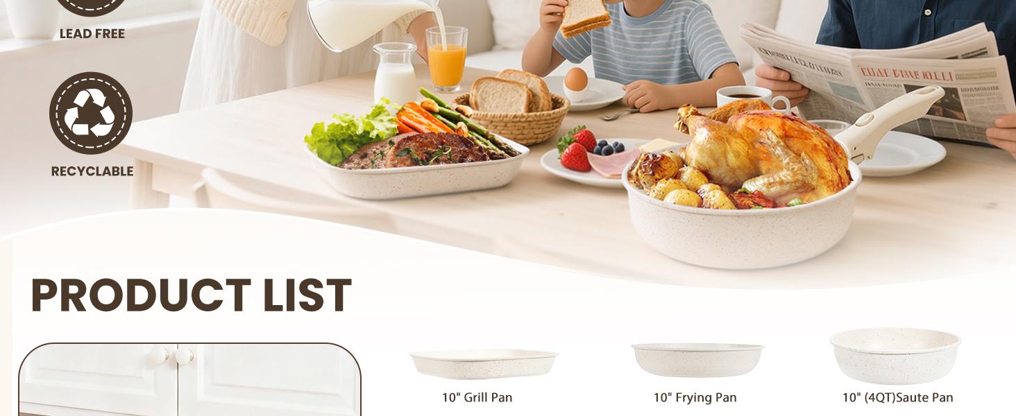 Nonstick Ceramic Cookware Set 20-Piece - Pots and Pans Set with Detachable Handle - RV Stackable Kitchen Cooking Set, Induction/Dishwasher/Oven Safe, with Frying, Cream White