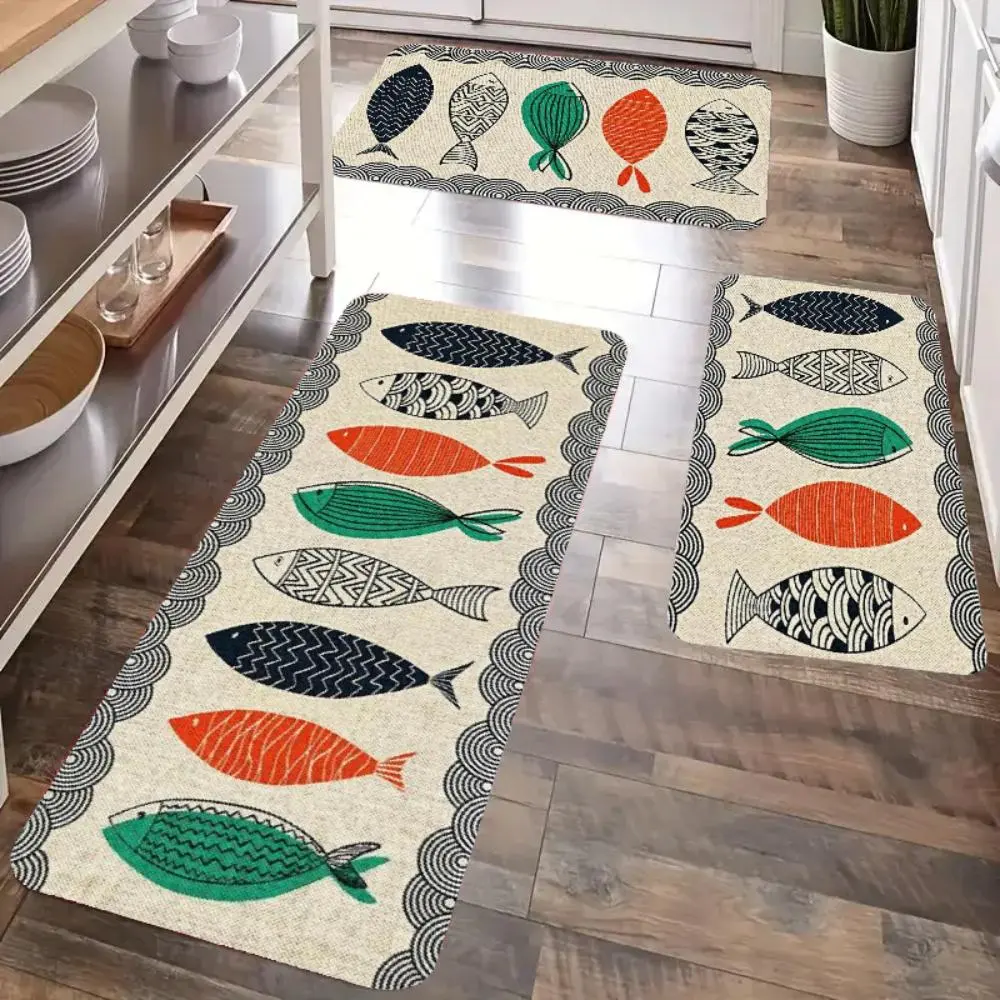 Coastal Striped Fish Waves Flannel Doormat - Wrinkle Resistant Flannel Fabric, Non-Slip Nautical Welcome Rug for Beach Cottage Entryways, Washable Indoor Porch Carpet, Multi-Size