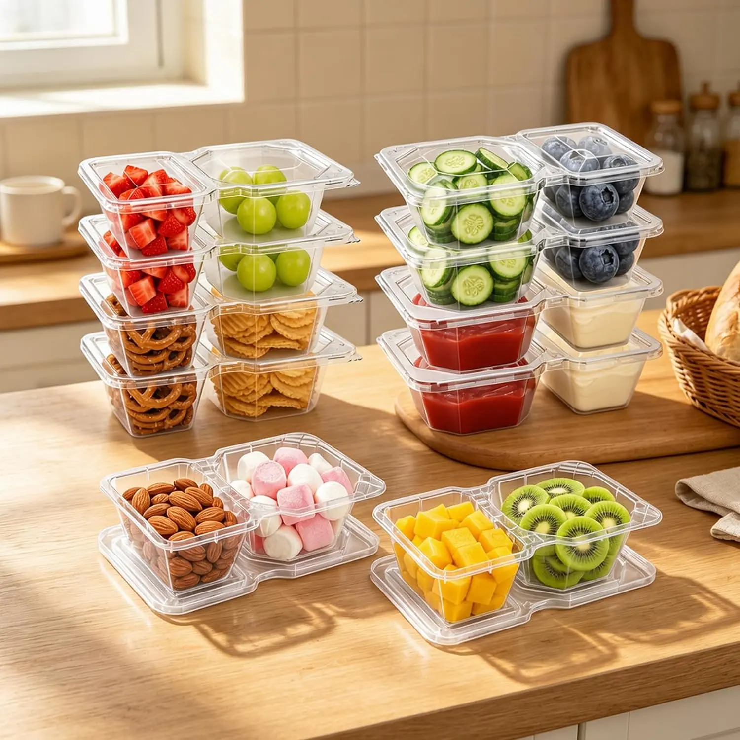 8 oz Snack Containers with , Disposable, Clear, 10 Sets | 2 Compartments, Stackable, Portion Control, Meal Prep, to go Meal Dipping Sauce Snack Pack Boxes Containers