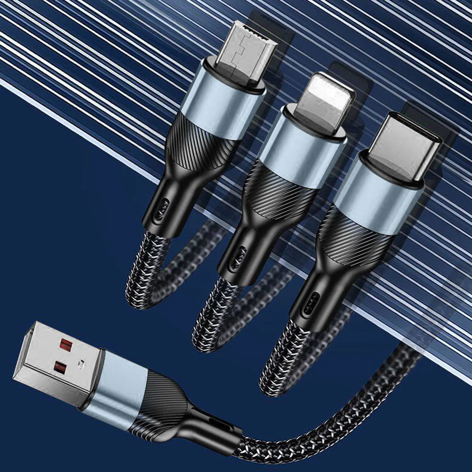Three-in-One Rapid Charging Cable, USB TO Type-C + Lightning + Micro, 65W Intelligent Rapid Charging, suitable for devices with TYPE-C interface such as mobile phones, tablets, game consoles, watches, and Bluetooth headphones.