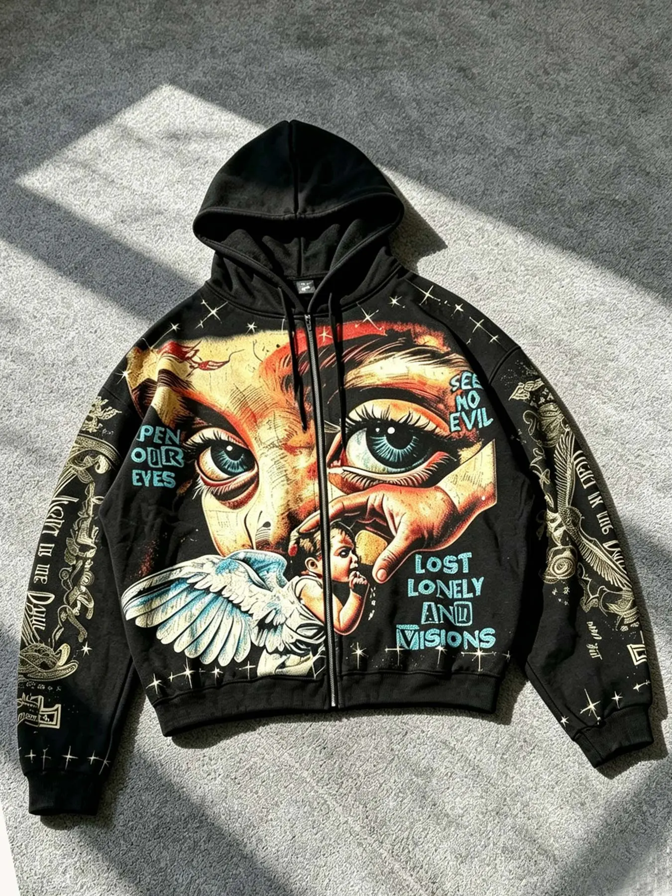 Street angel eyes men's hoodie zipper sweatshirt Long sleeves, Baggy, praying angel wings retro style Casual women's hooded zipper cardigan sweatshirt autumn and winter velvet warm jacket Y2K sweatshirt men's Prints Streetwear