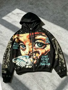 Street angel eyes men's hoodie zipper sweatshirt, praying angel wings retro style women's hooded zipper cardigan sweatshirt autumn and winter velvet warm jacket men's jacket 2026 new Y2K sweatshirt men's daily trend brand