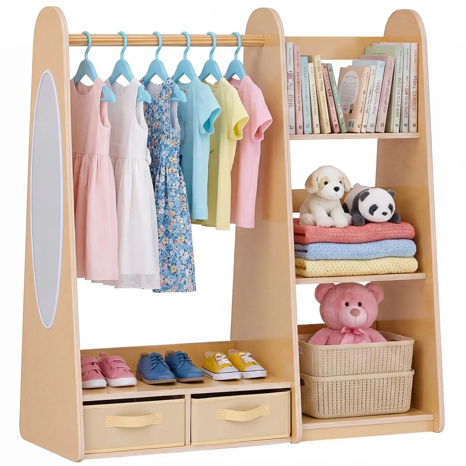 VEVOR Toddler-Size Natural Wood Armoire Kids Dress Up Storage Closet, Single Indoor Furniture with Mirror, Shelves, Bottom Tray, Costume Organizer for Little Girls' Bedroom