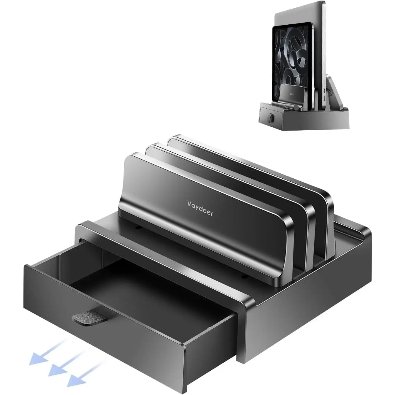 Vertical Laptop Stand with Drawer,Dual Slots Plastic Laptop Holder Storage with Space Saving 4-in-1 Design,Adjustable Laptop Organizer Stand for Desk,Supports MacBook,Chromebook,Surface,DellGift