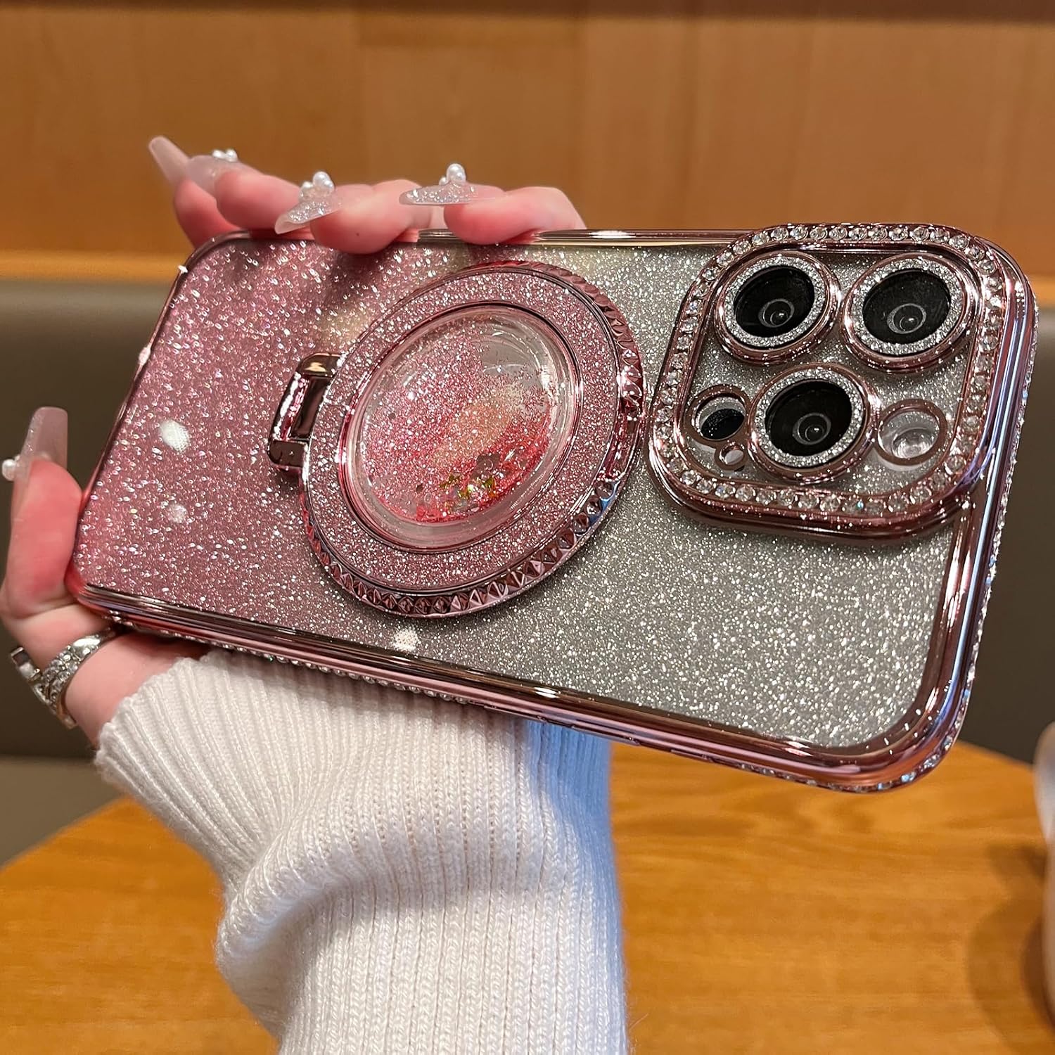 OREKROY Glitter Kickstand Case for iPhone 16 15 Pro Max 16 Plus 15/14/13/12, Luxury Bling Sparkly Diamond Rhinestones with Camera Protector Liquid Flowing Ring Stand TPU Bumper Women Girls Case Gift