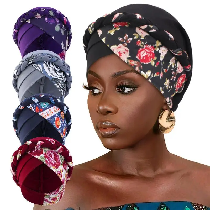 Satin Turbans for Women, 2-Pack Elastic Pre-Tied Head Scarf with Braided Floral Print, All-Seasons Casual Headwear for Daily Wear & Commute, Head Scarf Turbans, Adjustable Turban Wrap